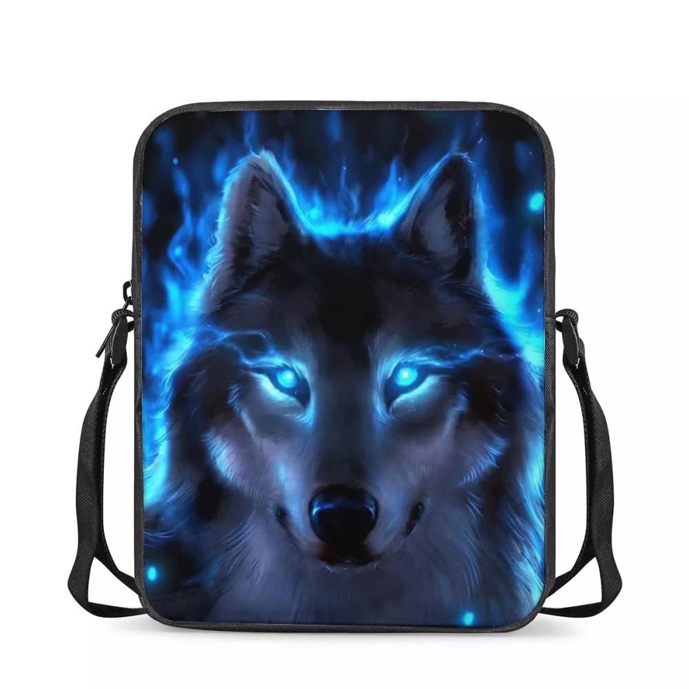 chaqlin Neon Blue Wolf School Messenger Bags for Unisex Kids,Cool Animal Wolf Printed Travel Sling Messenger Shoulder Handbags Women Ladies Casual Crossbody Bags Phone Pouch