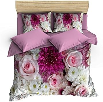 6 Pieces Queen Size Cotton Bedding Set Floral Beauty Themed 640 Thread Count Duvet Cover Set - Blooming Flowers Rose Daisy Pattern, Pink Lilac