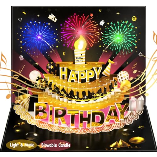 Bevbovcard Pop Up Birthday Cards for Men - LED Light & Music with Blow The Candle, 3D Balloons, Singing Happy Birthday gifts Card for Husband - Women, Kids, Son, Her, & Dad