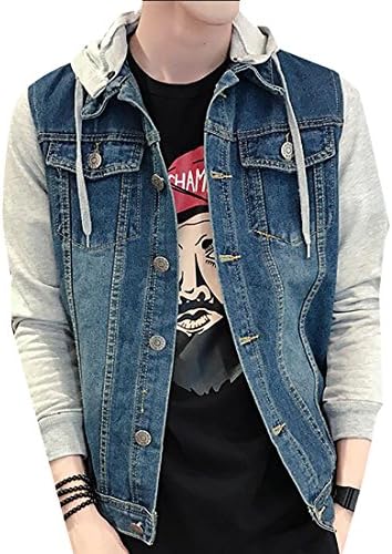 Cruiize Men's Stylish Fake Two Spliced Hoodie Denim Jacket Coat Light Blue L