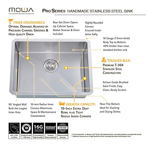 MOWA HMU2318F 23 Inch Undermount 16 Gauge Stainless Steel Bar Prep Kitchen Sink, 10-inch Deep Laundry Sink w/Basket Strainer & Protection Grid + Brushed Nickel Pull-down Faucet Combo