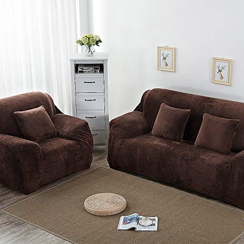 JOYFULBID Sofa Covers Thick Pure Color for 1/2/3/4 Seater, Sofa Protector Velvet Easy Fit Elastic Fabric Stretch Couch Slipcover (Chocolate, 2 Seater)