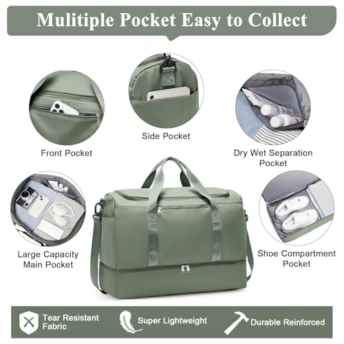 SEAFEW Travel Bag 40x30x20 for Ryanair,Waterproof Gym Sport Bag,Weekend Luggage Tote Bag 45x36x20 for Easyjet,Beach Swimming Bag, A01-Military Green, Very Large 53 x 37 x 26 (50L)