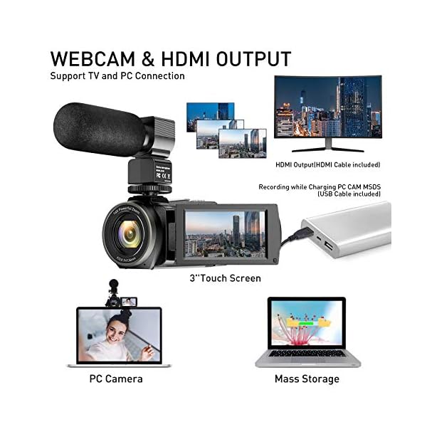 Aabeloy 4K Videokamera Camcorder UHD 48MP Wi-Fi IR Nachtsicht 16X Digital Zoom Recorder 3,0" IPS Touchscreen Vlog Kamera für YouTube mit Mikrofon Handstabilisator Gegenlichtblende, 2 Batterien – Bild 8