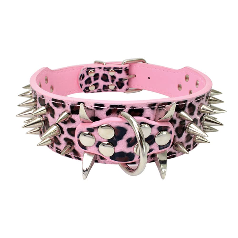 Izefia Dog Collar Sharp Spiked Studded Luxurious Padded Leather Collars for Medium Large Dogs - 2 Inch Width Necklace Anti-Biting (XS, Pink Leopard-SV)