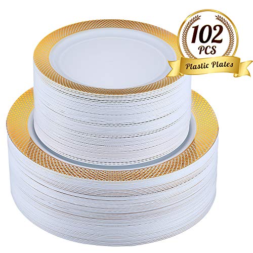 FOCUS LINE 102PCS Gold Plastic Plates, with Grid Rim Design Disposable Plates Heaveyweight Plates for Wedding Party, 51pcs Elegant 10.25 Inch Dinner Plates and 51pcs 7.5 Inch Appetizer Dessert Plates