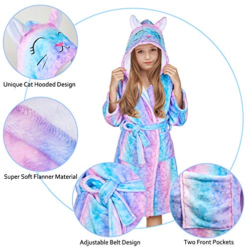 Beinou Kids Robe Fleece Bathrobes Flannel Hood Animal Bathrobe Cute Sleepwear Soft Shower Robes Swim Pool Night Robes for Children Girls(Pink & Blue Cat)