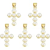 NBEADS 5 Pcs Cross Shell Pearl Pendants, Natural Shell Pearl Charms with Brass Findings Real 18K Gold Plated for DIY Necklace Bracelet Jewelry Makings