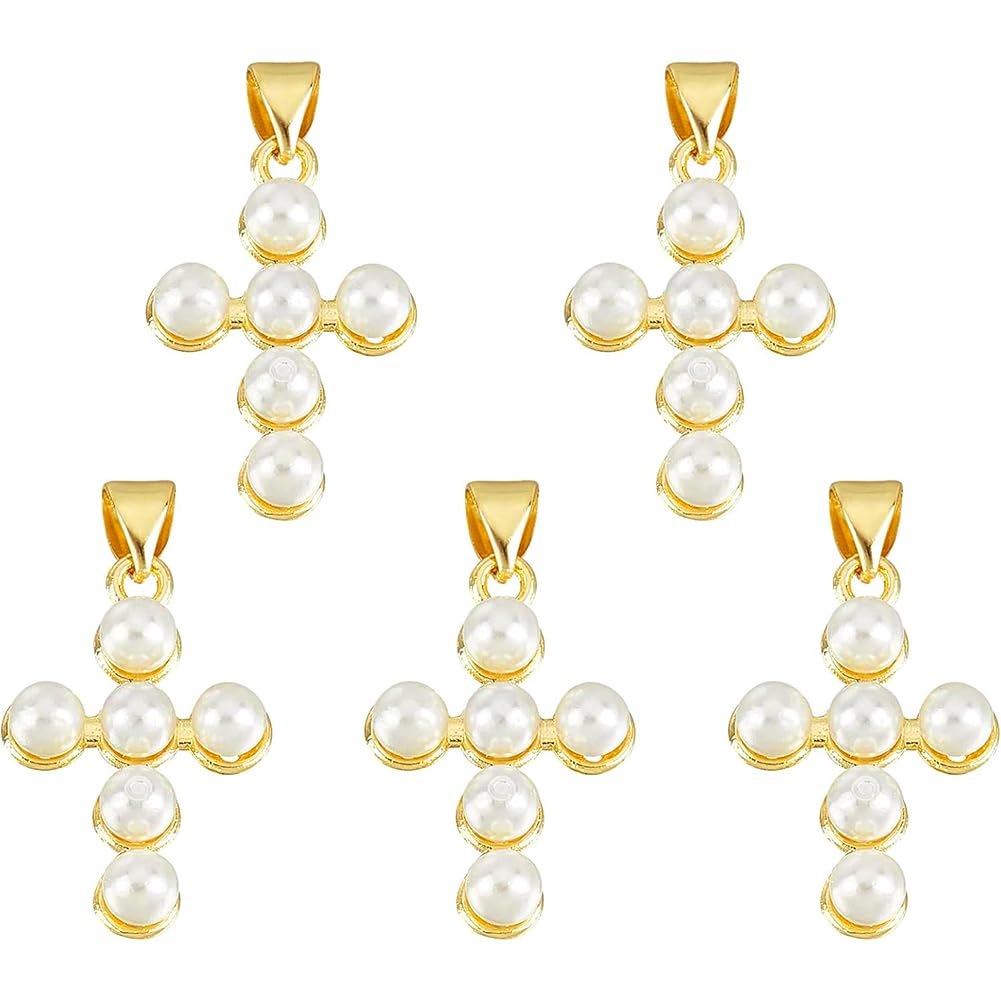 NBEADS 5 Pcs Cross Shell Pearl Pendants, Natural Shell Pearl Charms with Brass Findings Gold Plated for Easter DIY Necklace Bracelet Jewelry Makings