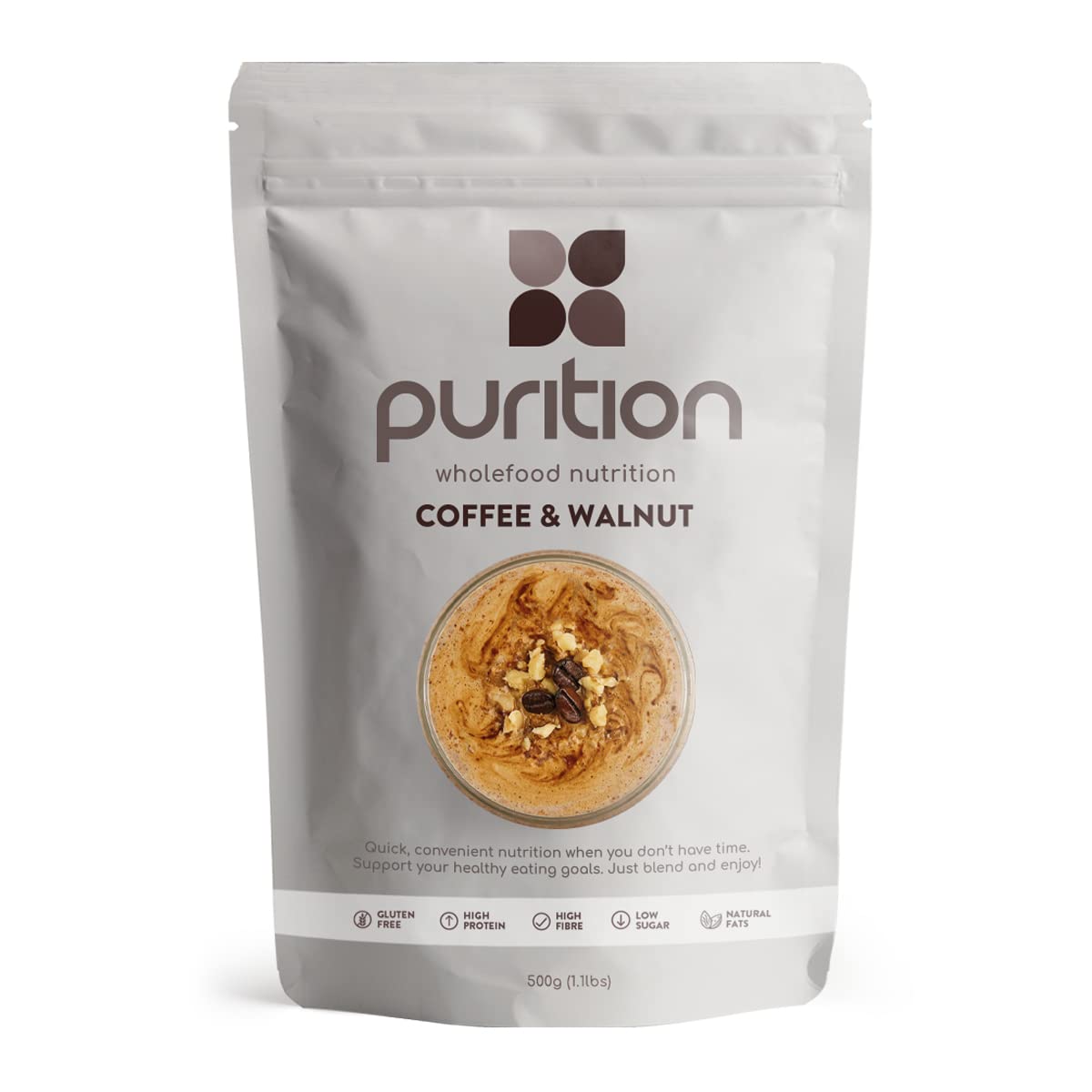 Purition Coffee & Walnut – High Protein Wholefood Shake | 500g Natural Meal Replacement with Whey Protein for Keto Diet, Weight Loss & Healthy Breakfasts | 12 Servings