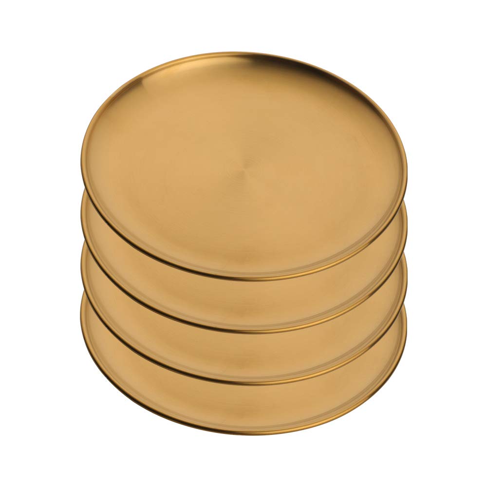 Liangs 4-Piece Stainless Steel Dinner Plates Dessert Salad Plates, 9.1 Inch Round Metal Platter for Camping Barbecue and Baking, Non Toxic Healthy Serving Dishes Dishwasher Safe (Gold)