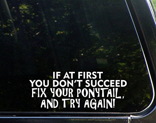 If At First You Don't Succeed Fix Your Ponytail, And Try Again - 8 3/4"x 3 1/2" - Vinyl Die Cut Decal / Bumper Sticker For Windows, Trucks, Cars, Laptops, Macbooks, Etc.