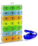 Small to Medium Sized Easy Open 7 Day Travel Pill Organizer Box Weekly Case, Prescription & Medication, Vitamin Organizer, Rainbow Reminder Daily With Tablet Cutter (828)
