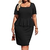 Pinup Fashion Office Dresses for Woman for Work Plus Size - Business Church Square Neck Peplum Knee Length Dress