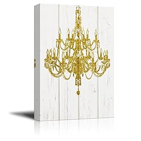 Canvas Wall Art - Golden Chandelier on White Wood Background - Giclee Print Gallery Wrap Modern Home Art Ready to Hang - 12x18 inches