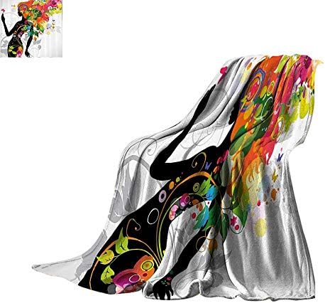 Custom homelife Printing Blanket Colorful Home Decor,Madame Butterfly Modern Version with Spring Spiral Circles Leaf Botany Girl,Multi Print Artwork Bed or Couch 62"x60"