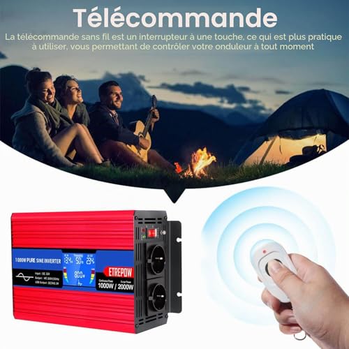 ETREPOW 1000 W/2000 W Pure Sine Converter 12 V 220 V/230 V Transformer – 2 EU AC Power Socket, 1 USB Port, Wireless Remote Control and LCD Screen, for Car, Camping, Travel
