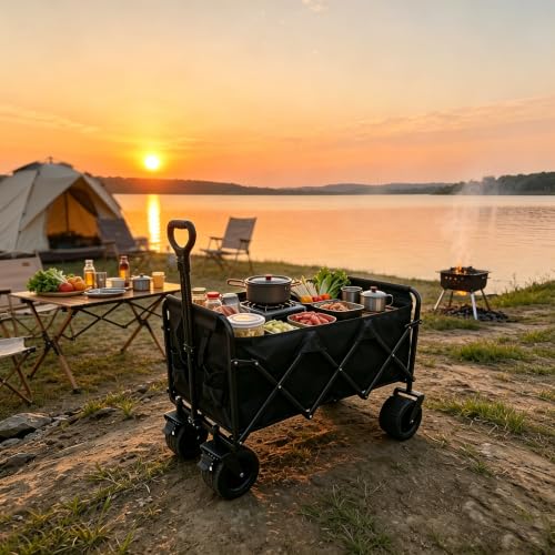 Tule Tuowu 500lbs Large Capacity Collapsible Festival Trolley on Wheels | Heavy Duty Wagon with All-Terrain Wheels,Brakes & Automatic Rebound Handle for Camping,Outdoor,Garden,Shopping