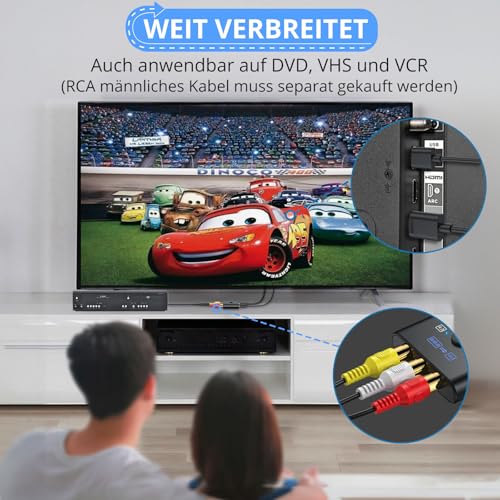 CAMWAY RCA to HDMI Adapter, 16:9/4:3 Conversion 1080P Composite CVBS AV RCA Video Audio Converter with 50 cm HDMI Cable, AV Adapter Supports PAL/NTSC for Wii/PS1/PS2/N64/Xbox/DVD/VCR