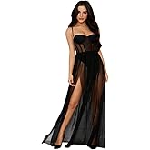 Women's Waist Cinched Mesh Dress Spaghetti Straps Built - in Lingerie Bodycon Dresses Club Party Long Dresses