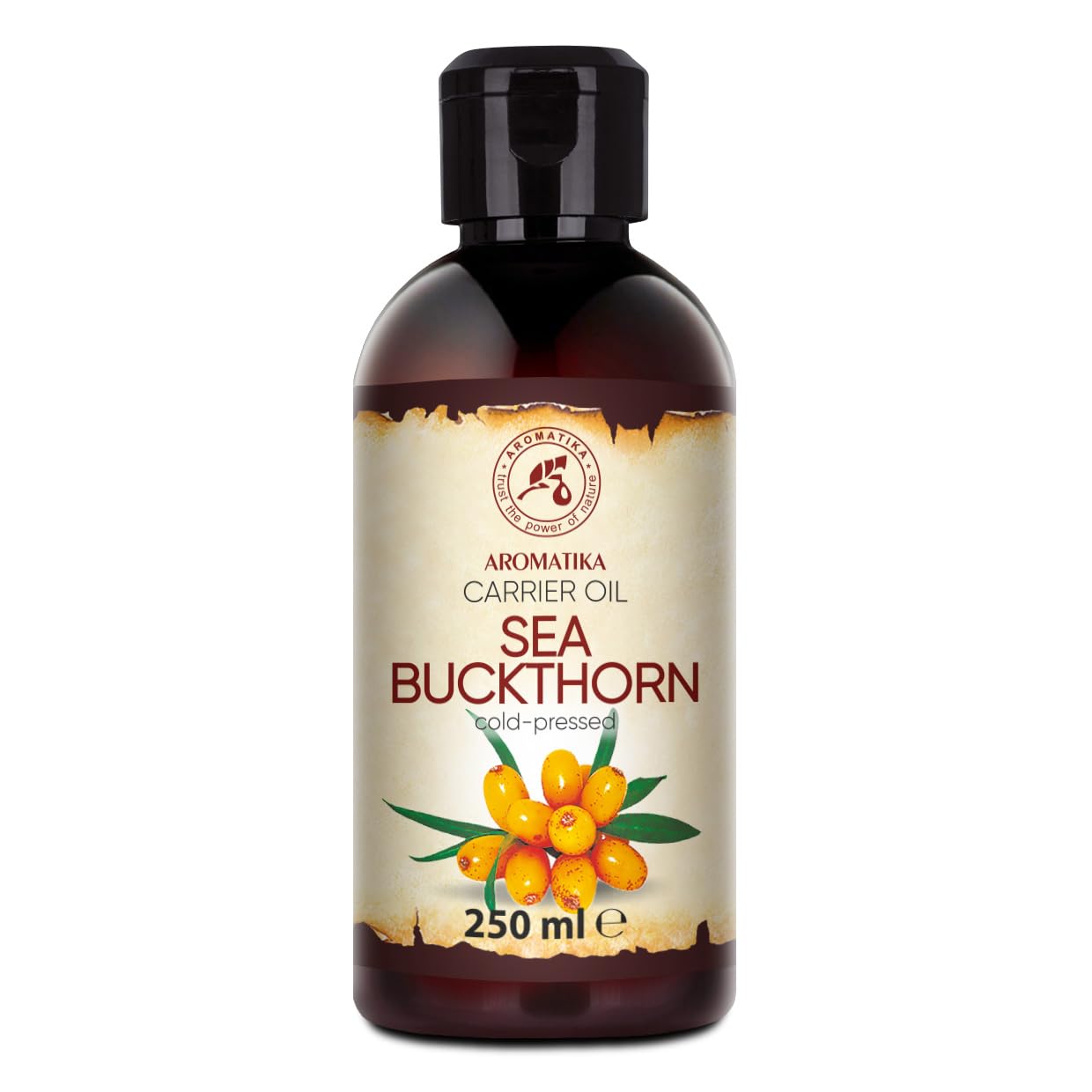 AROMATIKA Sea Buckthorn Fruit Carrier Oil 250 ml - 100% Pure & Natural Cold Pressed Unrefined Hippophae Rhamnoides Oil for Hair, Face & Body - Massage, Aromatherapy, Relaxation & Spa