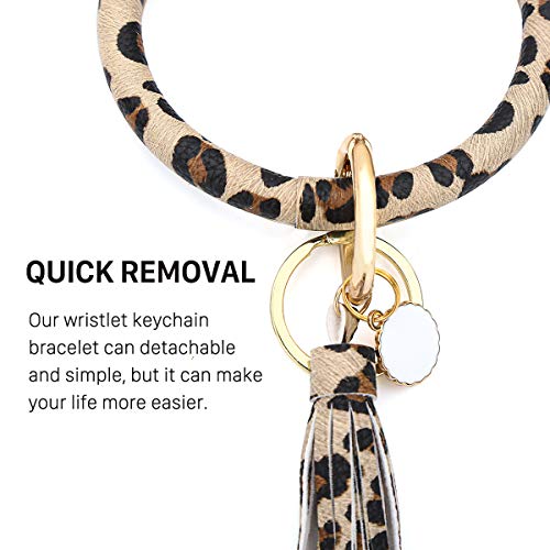 Leather Key Ring Bracelet Keychain, Bling Belle Large Circle Tassel Wristlet Keychain Bangle Key Ring for Women and Girls, Leopard