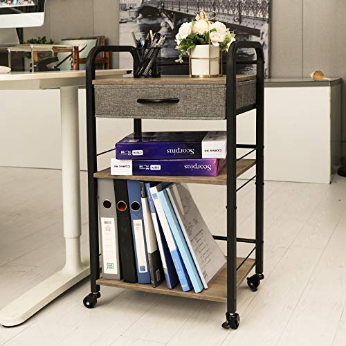 3 Tier Rolling Utility Carts with Drawer, End Table Nightstand Wood