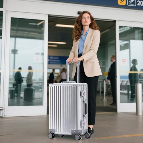 Simanli All Aluminum 20 inch Suitcases Carry On Luggage Hard Shell Suitcase Boardable Cabin Trolley Case Luggage with TSA Locks Silent Spinner Wheels, Silver, 24 inch