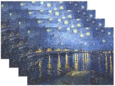 Yochoice Vincent Van Gogh Art Oil Painting Starry Night Over The Rhone Placemat Plate Holder Set of 6, Stylish Polyester Table Place Mats Protector for Kitchen Dining Room 12" x 18"