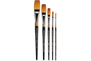 KINGART Premium 5 pc. Original Gold 9100 Series ONE Stroke Artist Brush Set, Synthetic Golden Taklon Hair for Acrylic, Oil, and Gouache Paint, Short Handle, 5 Sizes: 1/8", 1/4", 1/2", 3/4", 1"