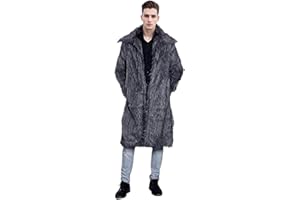UMREN Mens Faux Fur Coat Long Black Jacket Warm Furry Overcoat Outwear