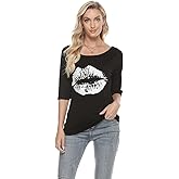 MAGICMK Women Casual Plus Size Lips Print Off Shoulder T-Shirt Tops