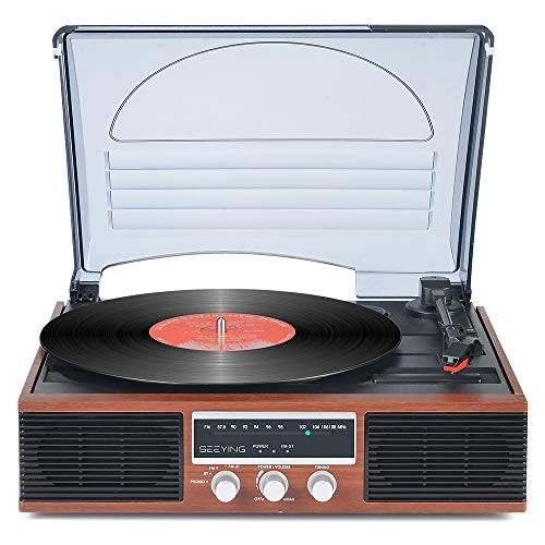 Record Player 3-Speed Turntable for Vinyl Records with Speakers Bluetooth Vintage Vinyl Record Player Support Function Screen FM Stereo Radio Audio Output Retro Brown Wood 2020 Upgraded