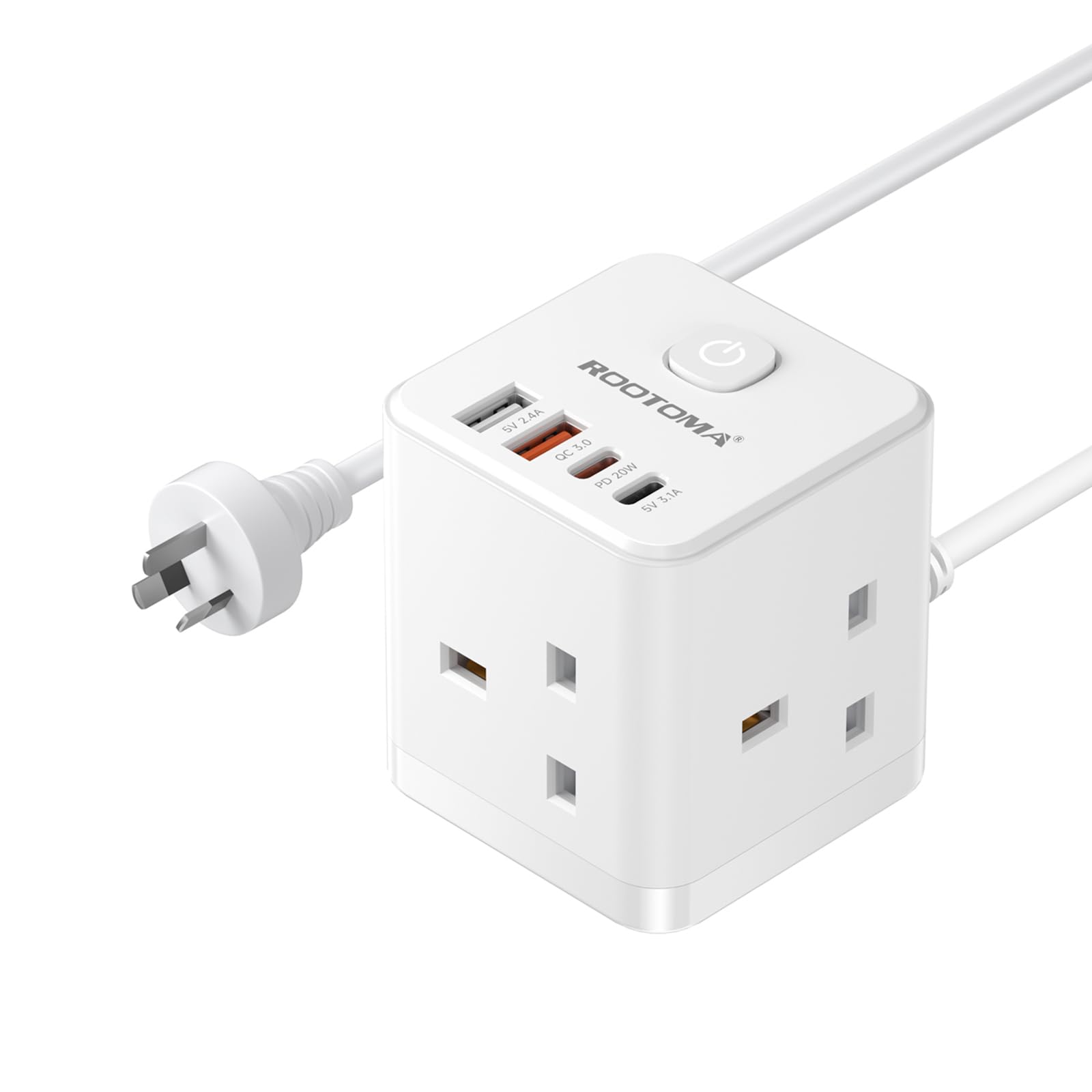 UK to Australia Plug Adapter with 1.5M Extension Cable 3 Way 4 Fast Charging USB (QC3.0/PD20W) Compact Cube Plug Adapter for New Zealand, China, Fiji, Argentina, Type I
