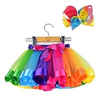 BGFKS Layered Ballet Tulle Rainbow Tutu Skirt for Little Girls Dress Up with Colorful Hair Bows (Rainbow, L,4-8 Age)