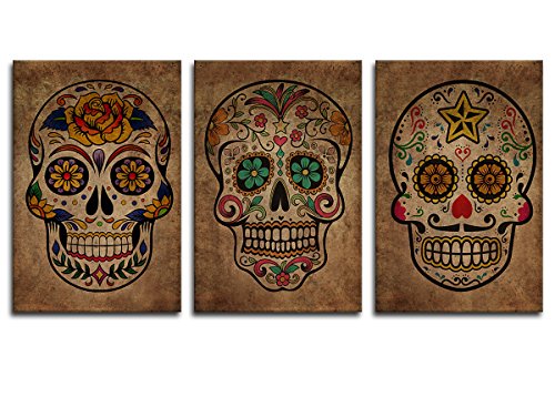 Vintage Sugar Skull Wall Art Abstract Canvas Picture Day of The Dead Modern Artwork Contemporary Art Design Framed Mexican Art Prints for Living Room Bedroom Office Home Wall Decor 16" x 24" x 3 Piece