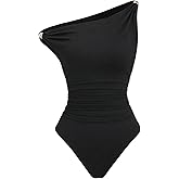 GORGLITTER Women's One Shoulder Bodysuit Metal Decor Ruched Asymmetrical Neck Sleeveless Leotard Clubwear