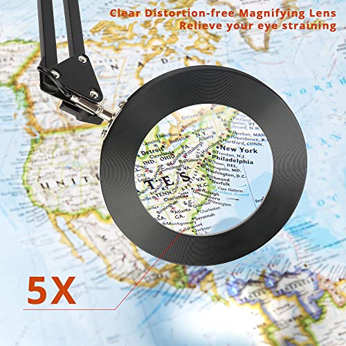 LED Magnifying Glass Desk Lamp,5X Lighted Magnifier with 3 Color Modes,Brightness Dimmer,Eye Protection,Reading Light Clamp Lamp for Table Top Tasks