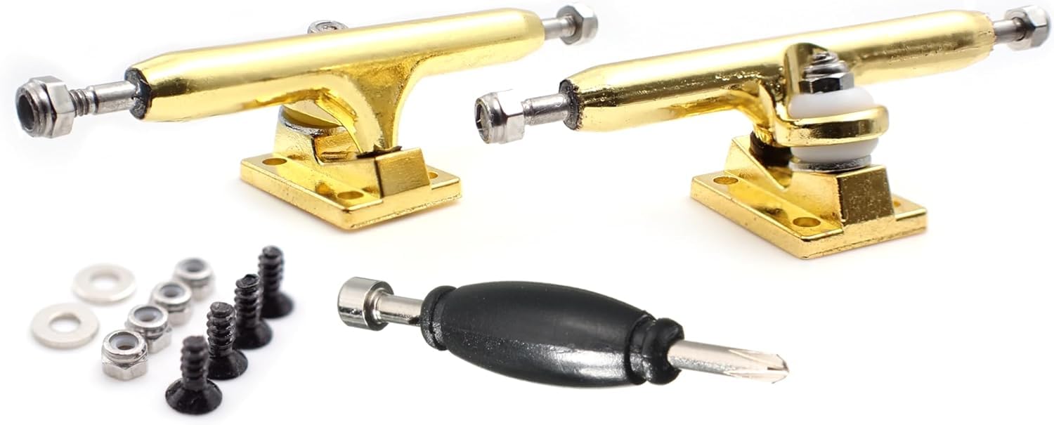 SPITBOARDS 32 mm Fingerboard Pro Trucks by, Real Lock Nuts, Single Axis, Kingpins, Rubber O-Ring Urethane Bushings, Optimised Hanger, Width 32 mm for Fingerboard Tuning & Assembling (Gold)