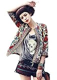 Icibgoods Women's Short Sleeve Embroidered Floral Print Cotton Jacket Small Coats (Beige)