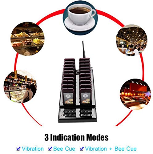20 Channels Guest Paging System -107dBm High Sensitivity Wireless Queue Calling System 3 Indication Modes with 20pcs Coaster Pagers and 1pc Call Button Keypad Transmitter for Restaurant Clinic Church