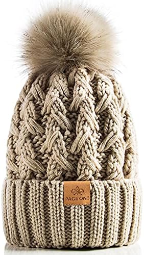 C.C Thick Cable Knit Faux Fuzzy Fur Pom Fleece Lined Skull Cap