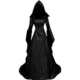 BITSEACOCO Women Deluxe Witch Dress Costume, Vintage Embroidered Renaissance Gothic Hooded Vampire Gown Dress Cosplay