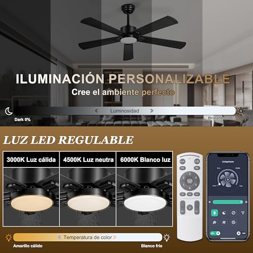 Ohniyou Ventilador de Techo de 52 Pulgadas, Luz Regulable y Control Remoto, 6 Velocidades, Motor DC Reversible Silencioso, Ventilador de Techo de 5 Palas para Dormitorio, Patio, Oficina (Negro)