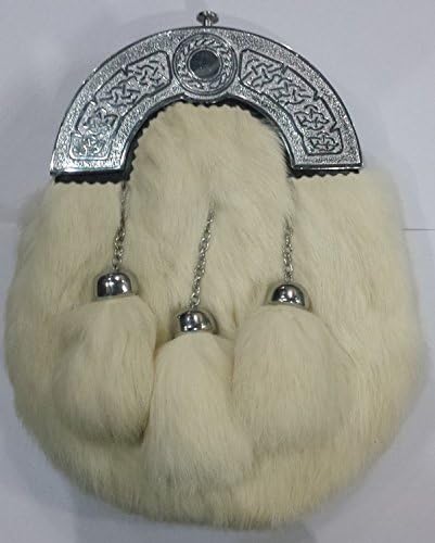Men's Scottish White Rabbit Fur Leather Sporrans with Chain & Belt