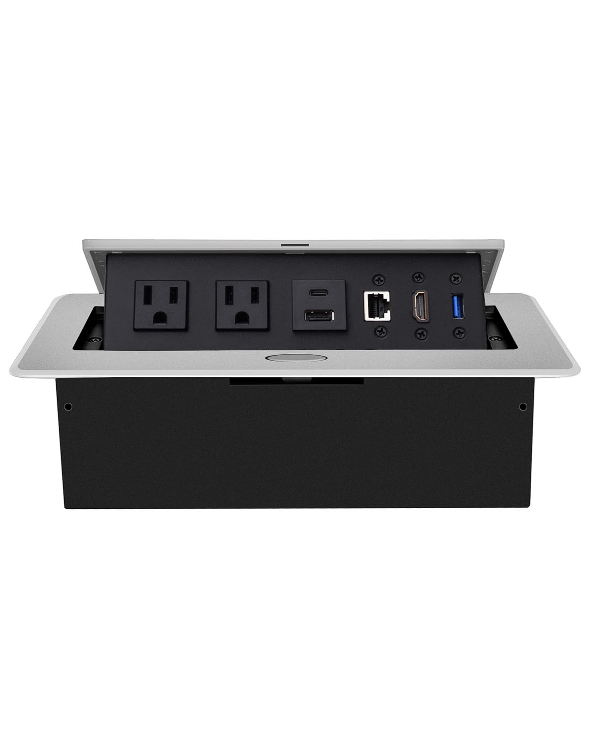 Photo 1 of Jiangce Conference Table Power Hub, Table Pop Up Power Strip Box with Type-C PD 20W Fast Charging Ports, LAN, HDMI(4K) and USB 3.0 for Conference Room Office Desk (Silver)