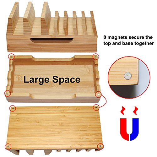 BEEBO BEABO Large Bamboo Multi Devices Charging Station Dock Organizer Desk Docking Rack Station Storage Container for Watch Phone Tablet(7-Slot Natural Bamboo)