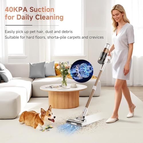 Cordless Vacuum Cleaner: Portable 6-in-1 Stick Vacuum with Anti-Tangle Brush, LED Headlight, Self-Standing, HD Display, Rechargeable Vacuum for Pet Hair, Low-Pile Carpet and Hardwood Floor-Off White