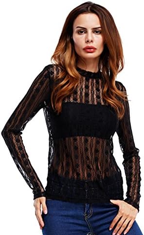 AiseBeau Women Round Collar See Through Long Sleeve Mesh Pullover Sexy Blouse