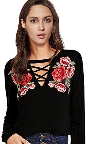 HongXander Women Summer Rose Embroidery Hole Blouse Short Sleeve T-Shirt (M, Black - 2(Long Sleeve))
